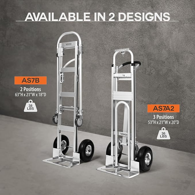 Vergo Industrial Convertible Hand Truck - AS7A2 Heavy Duty Aluminum 3 in 1 Dolly (750 lb Capacity) Lightweight Frame, Ergonomic Handle, Extendable Loop, Versatile Moving Dolly (3 Positions, 53" High)