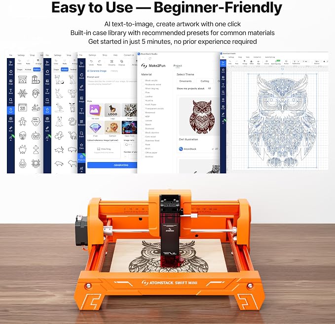 ATOMSTACK Swift 2.5W Laser Engraver Mini, Laser Engraving Machine for Wood Leather Acrylic, Desktop Laser Cutter, Fully Assembled, WiFi & USB, AI Software, 135×145mm Work Area, Orange, 2500mW | Your Easiest Entry Into Laser Creativity The Smart Laser T...