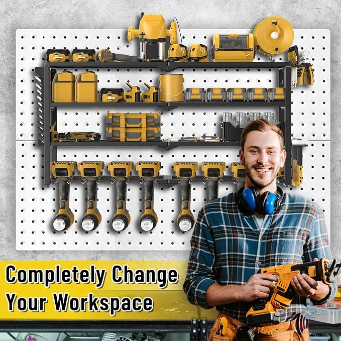 Heavy Duty Power Tool Organizer Wall Mount, Cordless Drill Hanger Storage Rack, Battery Tool Holder Utility Rack with Side Wrench Rack for Garage Workshop-32 Inch 8 Slots