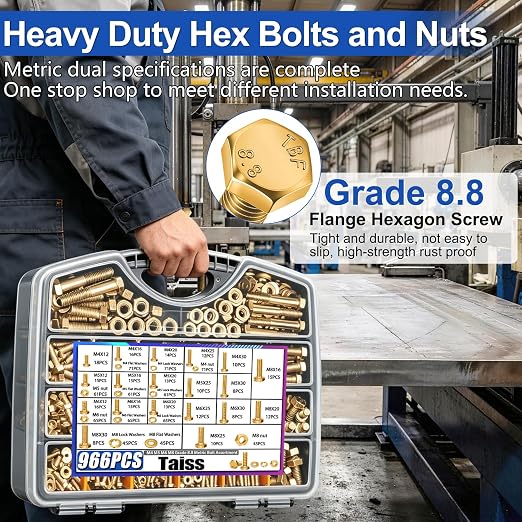 Taiss 966pcs Grade 8.8 Metric Bolt Assortment,Metric Bolts and Nuts Assortment,Bolt Kit M4 M5 M6 M8(12-30mm) Heavy Duty Hex Bolts and Nuts Kit Flat/Lock Washer Yellow Zinc Plated,with Handheld Box
