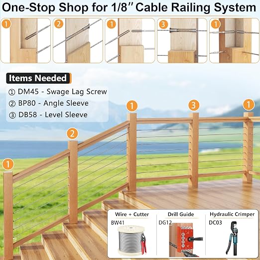 Steel DN Mate 100 Pack T316 Stainless Steel Right&Left Handed Thread Swage Lag Screws for Wood Post of 1/8" Steel Cable Railing Kit, Cable Railing Hardware, DIY Deck Railings, Wrench Include-DM50