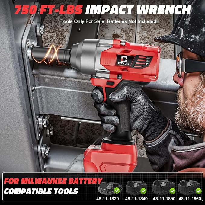 Cerycose Cordless impact Wrench 1/2 inch Compatible with Milwaukee 18v Battery, 750FT-LBS (1000N.m) Brushless Electric Impact Gun with LED Work Light & 6 Sockets, High Torque Impact Driver, Bare Tool