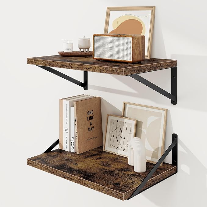 Floating Shelves 12 Inch Deep, 16W x 12D Wall Shelf Set of 2, 35 lbs Heavy Duty Reversible Metal Brackets, Industrial Book Shelf for Living Room Kitchen Bath Bedroom Coffee Bar, Rustic Brown