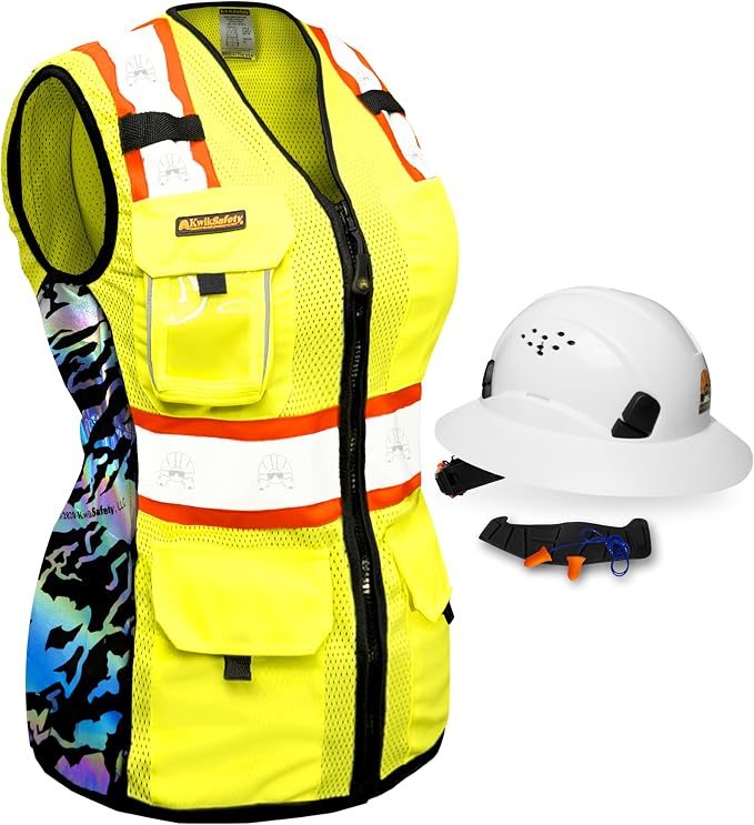 KwikSafety TIGER QUEEN Safety Vest for Women [Yellow, Small] + TORTOISE Full Brim Hard Hat Bundle