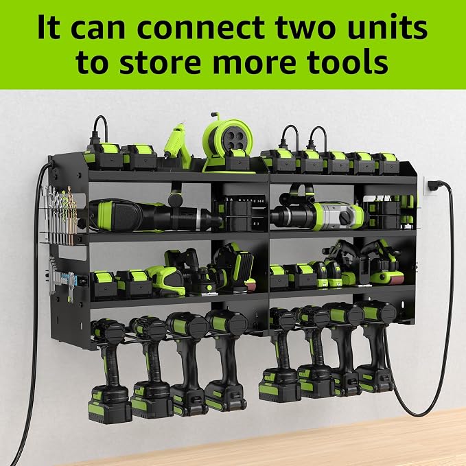 HUPBIPY Modular Power Tool Organizer Wall Mount Drill Holder Garage Shelf | 4 Layer Heavy Duty Rack with Charging Station Drill Holders and Magnetic Tool Holder Strip Tool Battery Holder Gift for Men