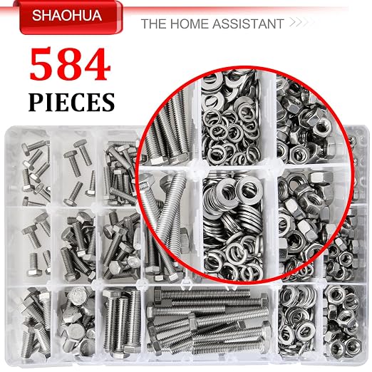 M4 M5 M6 Metric Bolt Assortment Kit 10mm to 50mm, A2-70 Hex Bolt, 304 Stainless Steel Heavy Duty Flat Hex Head Screws Bolts and Nuts Kit, Nuts Flat and Lock Washers(Silver), 584PCS