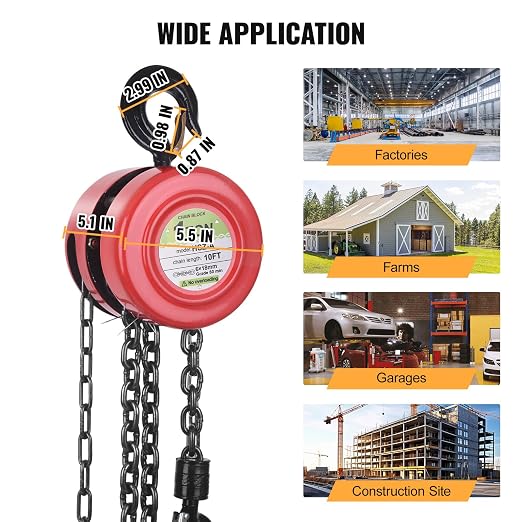 Hand Chain Hoist, 1 Ton 2200 lbs Capacity, 10 Feet with 2 Heavy Duty Hooks, Heavy Duty Steel Chain Fall Hoist for Warehouse Automotive Lifting