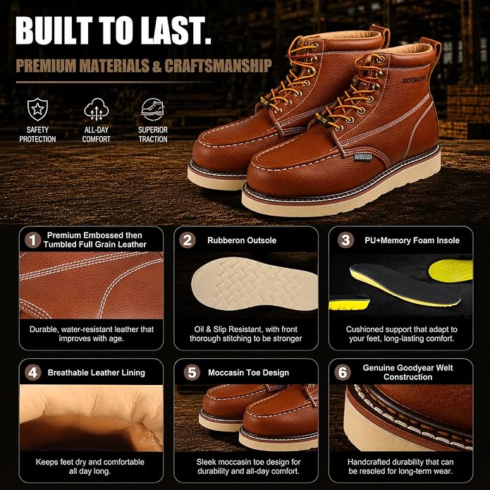 Work Boots for Men, 6" Leather Lightweight Comfort Moc Toe Steel Toe Puncture Resistant Wedge Safety Boots, Goodyear Welt, Industrial, Construction, Electrician, US 7-17