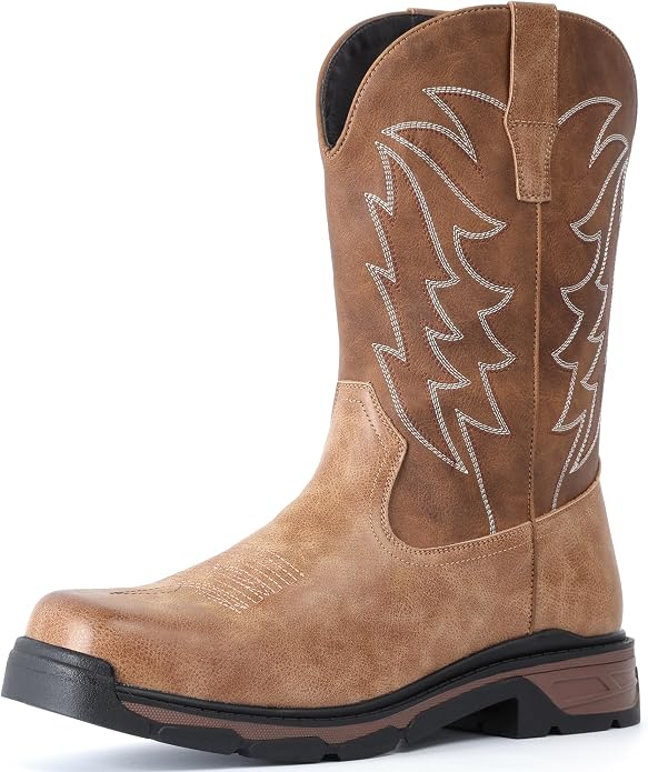 ANGRYRAM Cowboy Work Boots for Men Square Toe Leather Western Boot Slip Resistant Indestructable Steel Toe Safety Boots for Men Work-Man Pro Series