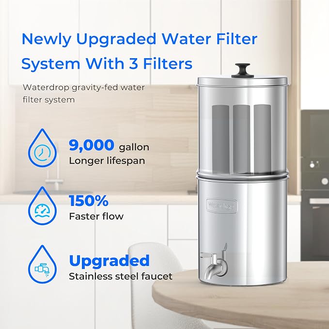 Waterdrop TK-AE Gravity Water Filter System, with 3 Black Carbon Filters and Metal Spigot, 9000 Gallon Longer Lifespan and 150% Faster Flow for Home, Travel, Emergencies, 2.25G