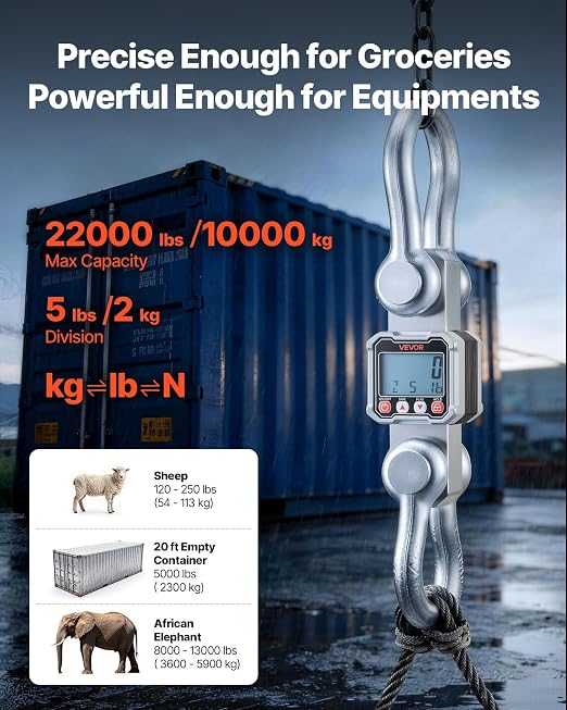 VEVOR Digital Crane Scale, 22000 lbs/10 T Max Capacity, Heavy Duty Industrial Hanging Scale with Cast Aluminum Case & LCD Display, 5 lbs Division & 3 Unit Switch, Remote Control for Garage Factory
