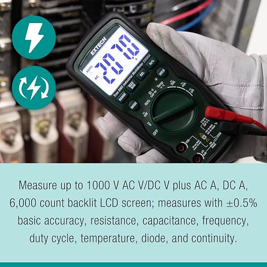 Extech EX505A Heavy Duty True RMS Multimeter (6000 Count) | AC/DC to 1000V, current, resistance, capacitance, frequency, Type K, IP67, 2m drop, magnetic strap