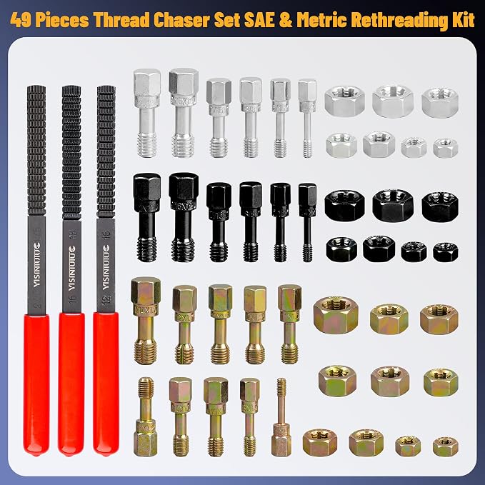 49PCS Thread Chaser Set, Thread Repair Thread Chaser Kit Metric SAE Bolt Restorer File Nut Rethreader Automotive Wheel Stud Spark Plug Engine Bolt Holeson Standard Screw Threading UNC UNF