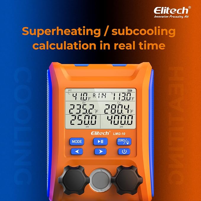 Elitech LMG-10Plus 2-Way Digital Manifold, HVAC Refrigerant Pressure Gauge for Superheat/Subcooling, with Temp Clamps and R410A Adapter, Supports 88 Refrigerants