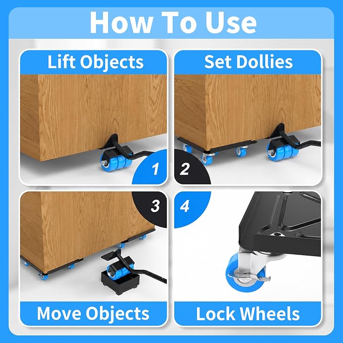 Heavy Duty Furniture Dolly 360° Rotating 5 Blue Wheels, Alloy Steel Furniture Movers Up to 3000 lbs/1360 Kg Load Capacity with Measure Tape and Leveler (5.3x5.3 in)