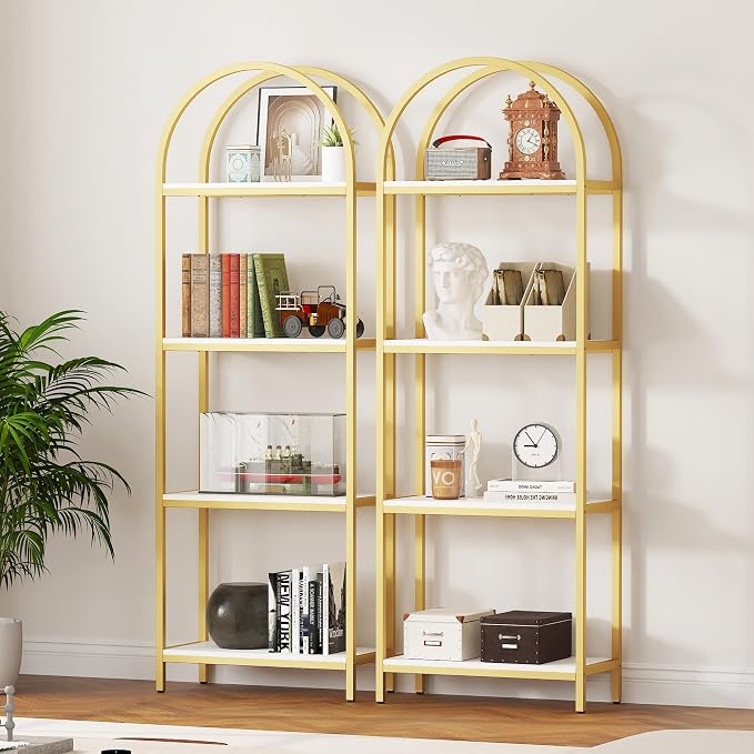 Yusong Bookshelf 4 Tier Arched Bookcase, 71.3" Tall Industrial Open Book Shelves for Living Room, Modern Freestanding Display Shelving Storage Rack Metal Frame, Office, Bedroom,Gold White