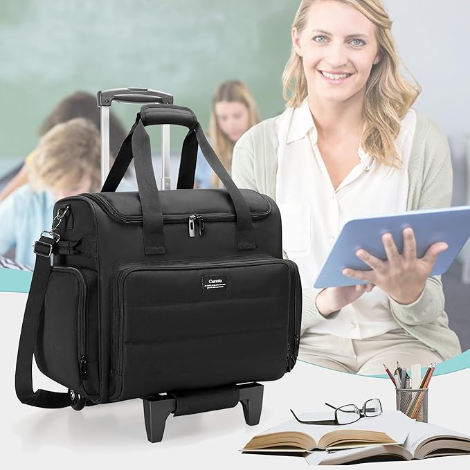 CURMIO Rolling Teacher Bag with Wheels, Teacher Cart with Wheel, Rolling Briefcase with Accordion Organizer and 15.6" Laptop Sleeve for Work, Black(Patented Design)