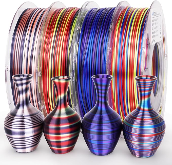 AMOLEN Silk PLA 3D Printer Filament Bundle, Shiny Multicolor Rainbow PLA Filament 1.75mm Pack, Fast Color Change PLA 3D Printing Filament for Most FDM 3D Printer, 200g X 4 Spools