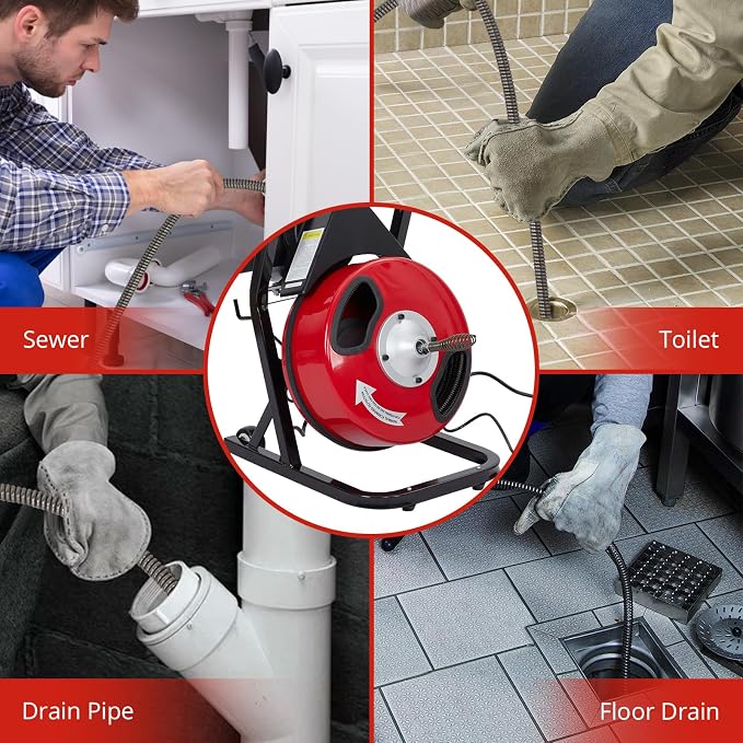 GarveeLife 50 ft 1/2 in Electric Drain Cleaner Machine Auto Feed Drain Auger for 1 to 4 in Pipes Professional Sewer Snake with 4 Cutters Gloves Heavy Duty Clog Remover