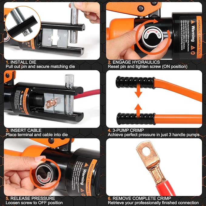 Brileine 16 Ton Hydraulic Crimping Tool, Professional Battery Cable Crimper with 13 Die Sets, 9AWG to 600MCM Cable Crimping Tool (Triple-Stroke Fast Hydraulic Crimper)