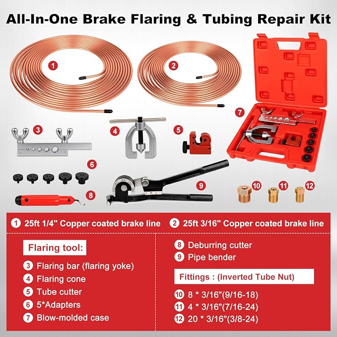 25 Ft 3/16" & 1/4" Brake Line Kit, Copper Coated Brake Line Repair Kit with Brake Line Bender, Single & Double Flare Tool Kit, Include 32 Inverted Tube Nut, Deburring Tool