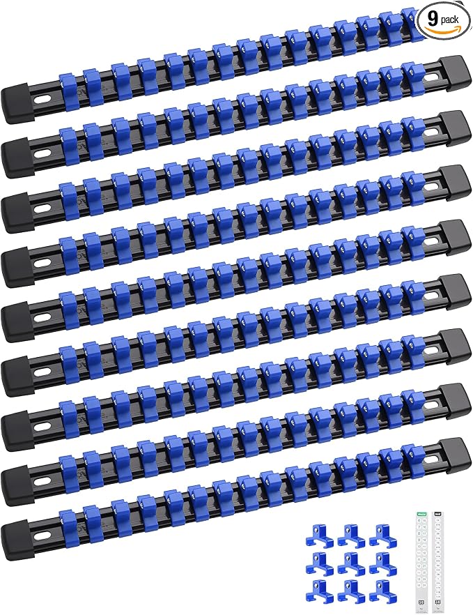 ALOANES 9PC ABS Socket Organizer, Socket Rails Fit 3/8 inch Drive | Portable Heavy Duty Socket Holders Hold up 135 Sockets for Mechanics Toolbox Drawer Bags(Blue)