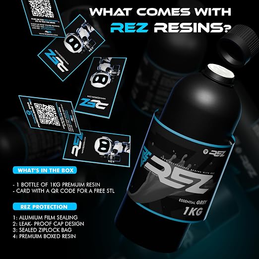 Rez Resin 1 kg, Essential Grey UV Photopolymer Resin for SLA/DLP/LCD 3D Printers, Ultra-High Detail, Fast-Curing Tough Resin for Highly Detailed Models, high Strength and Low Odor, 2K 4K 6K 8K