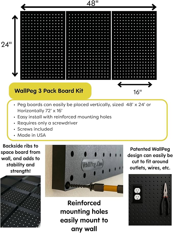 WallPeg 24" x 48" Pegboard Wall Organizer - Kit (PK-312-B) Peg Board Organizer Accessories for Garage pegboard Storage, Tool & Craft Organization with Pegboard. Hooks, and Peg Board Bins
