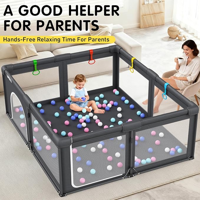Baby Playpen Foldable Playpen for Babies and Toddlers, Extra Large Playpens Portable Play Pen Travel Activity Center for Kids Indoor Outdoor Pack and Play Baby Shower Gifts, 71"X59" Dark Grey