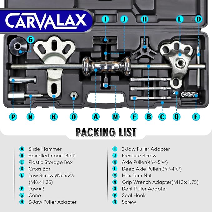 CARVALAX 9-Way Slide Hammer Puller Set | Auto Repair Kit for Hub, Bearing, Gear & Axle Extractor, Dent Removal, Heavy Duty 20-Piece w/Case