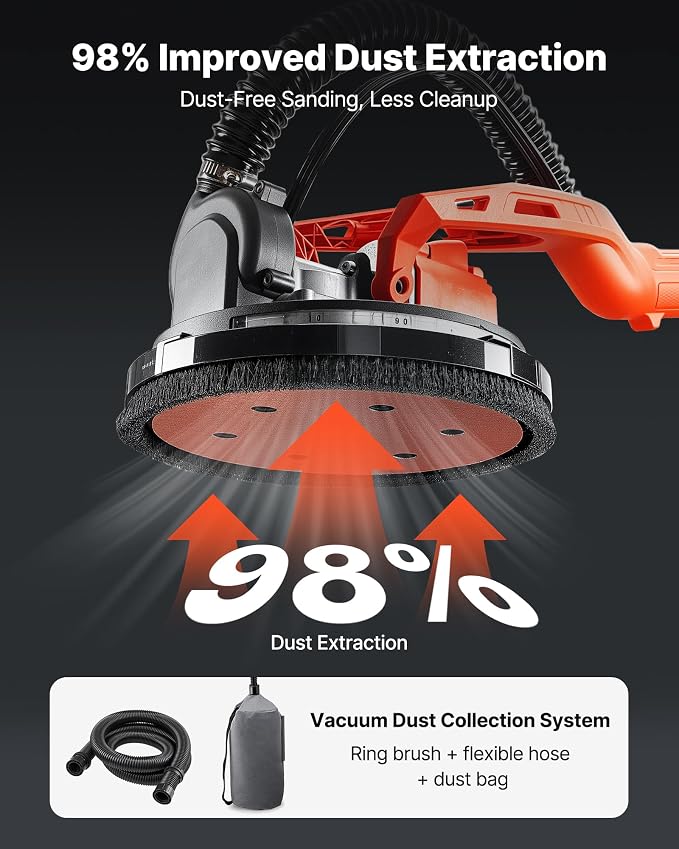VEVOR Cordless Drywall Sander, 450W Electric Sander, Popcorn Ceiling Removal Tool with Vacuum Dust Collection, 7 Variable Speed 0-1600 RPM, LED Light, Foldable & Extendable Handle, 15 Sanding Discs