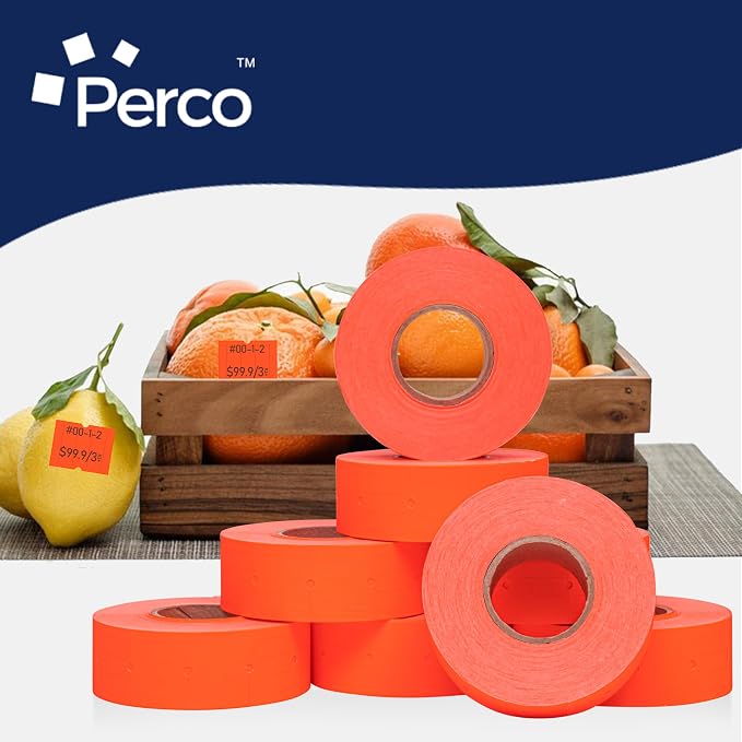 Perco 2 Line Fluorescent Red Labels - 6,000 Blank Price and Date Gun Labels for Perco 2 Line Price and Date Guns - 8 Rolls, 1 Sleeve - Made in USA
