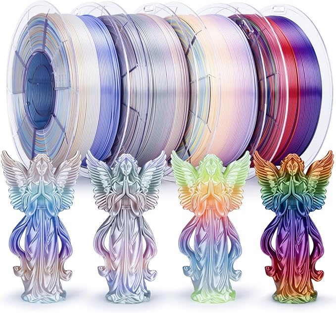 ZIRO Silky Fast Color Change PLA 4 Pack, 1.75mm Color Gradient Filament Bundle, Glossy Rainbow PLA Filaments, Fit Most 3D Printers and Pen, Shiny Surface 1KG X 4 Spool