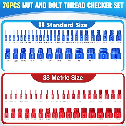 76Pcs Thread Checker, Nut and Bolt Thread Checker 38 Standard and 38 Metric Set, Thread Gauge Suitable for Nut or Bolt Size Finder in Narrow and Tricky Areas