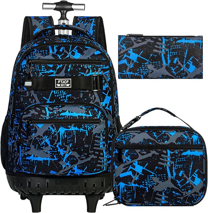 3Pcs Rolling Backpack for Boys Men, Travel Roller Backpacks with Wheels for Adults, Teens College Graffiti Wheeled Bookbag with Lunch Box(Blue)