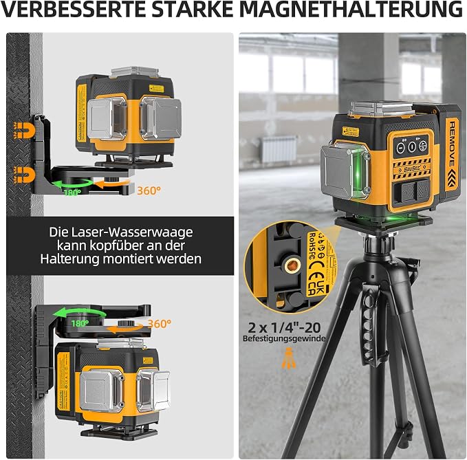 Laser Level 360 Self Leveling, 3 x 360 Self-Leveling Cross Line Laser 3D Green Laser Level for Construction and Picture Hanging, Rechargeable Li-ion battery, Hard Carry Case Included SZ03DG