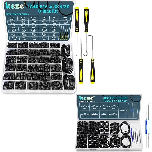 KEZE 400 Pcs Hydraulic O-Ring Flat Face Fittings and 32 Size 1540 Pcs Rubber O Rings Assortment Kit with Pick and Hook Set
