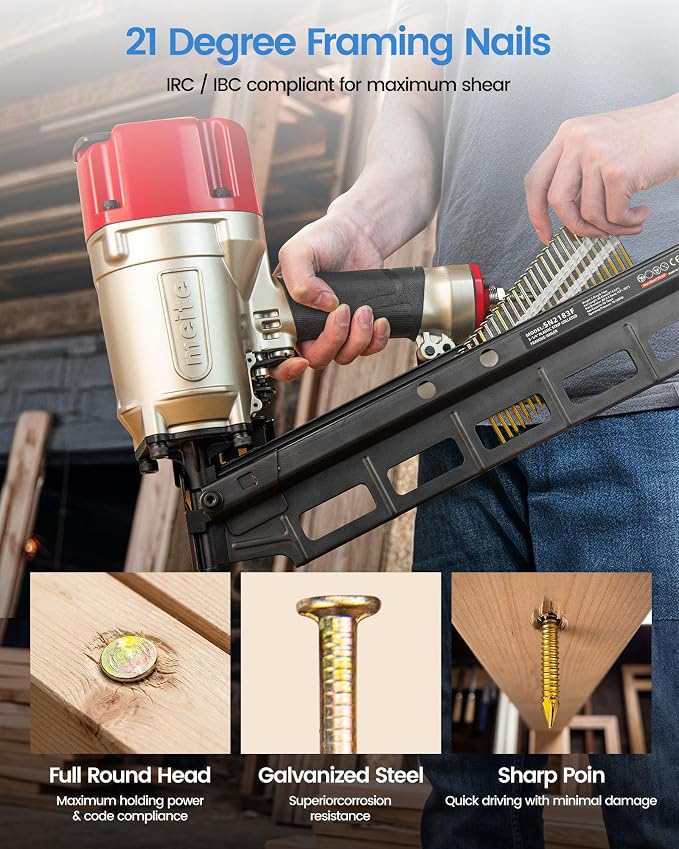 meite 21 Degree Framing Nails 3-1/4 Inch Galvanized Plastic Collated Framing Nails, Full Round Head Smooth Shank Structural Nails for 20°-22° Framing Nailer Gun Roof Decking Sheathing 1,000PCS | Full Round Head Smooth Shank Framing Nails, for 20-22° Pn...