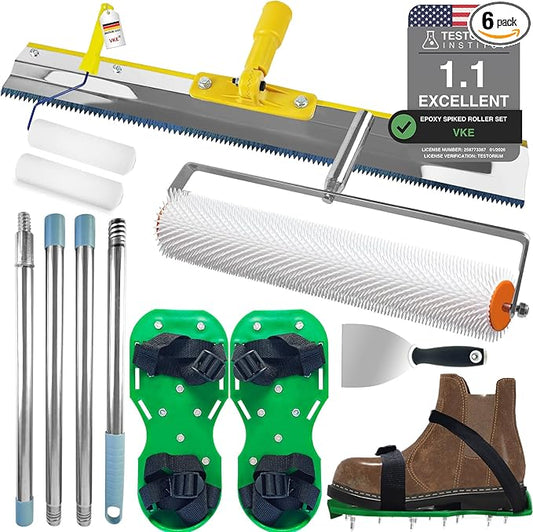 VKE Self Leveling Concrete Tools, Stainless Steel Epoxy Squeegee, Spiked Roller for Self Leveling 63 in Extension Pole, Epoxy Shoes, Epoxy Roller Easy to Clean, Rugged