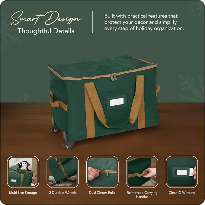 Covermates Keepsakes Rolling Treasurekeeper Storage Bag – Heavy-Duty Polyester with Dual Wheels & Handles – Protects Holiday Decorations with ID Window & Dual Zipper Access, Green