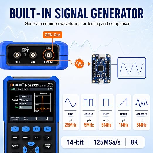 70MHz Bandwidth 2+1CH Handheld OWON Oscilloscope 3 in 1 Functions with 4 1/2 Multimeter 25MHz Arbritary Waveform Generator (2+1 CH/HDS272S)