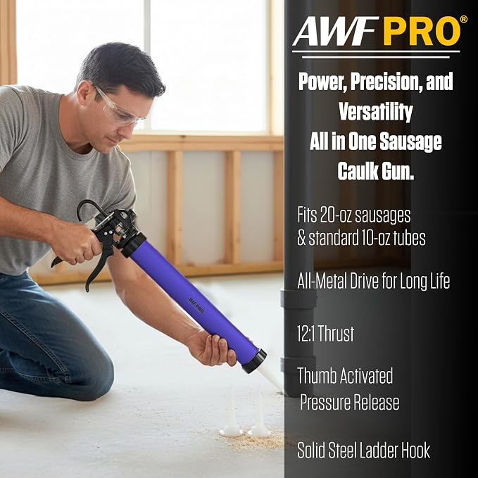 AWF PRO Sausage Caulking Gun, 20 oz Foil Pack and 10 oz Cartridge Convertible, 12:1 Thrust Ratio, Aluminum Barrel, Includes 3 Tips