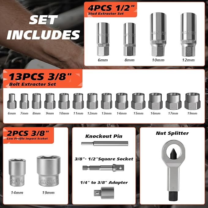 49PCS Bolt Extractor Kit, Screw & Stud Remover Set with Left Hand Drill Bits, Spiral Extractors, Nut Splitter, Impact Sockets for Stripped, Rusted Bolts