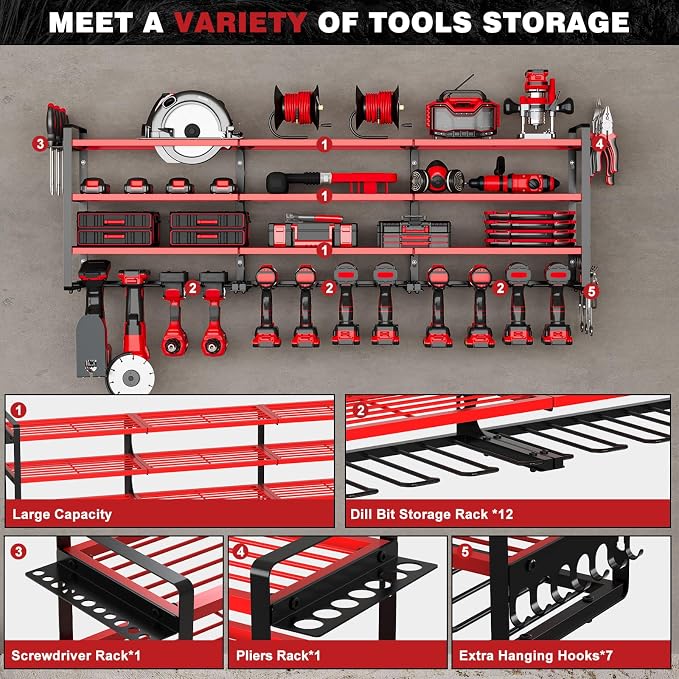 NattyDot 48" Large Power Tools Organizer Wall Mount,12 Drill Holder for Garage, Workshop Heavy Duty Storage Rack (Red)