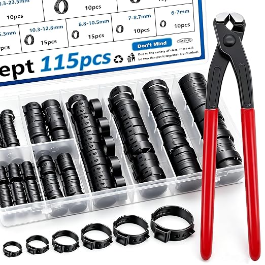 115Pcs 304 Stainless Steel Black Single Ear Hose Clamps with Ear clamp plier 6-28.6mm Crimp Hose Clamps Assortment Kit for Auto/Home Appliance/Pipe/Fuel Line Stepless hose clamp with pincer