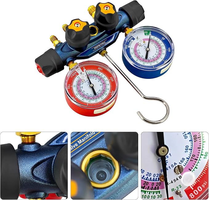 49974 A2L 4-Valve Test and Charging Manifold with 3-1/8" (80 mm) Gauges HVAC Manifold for R-454B R-32 R-410A A/C Manifold Gauge (No Hoses)