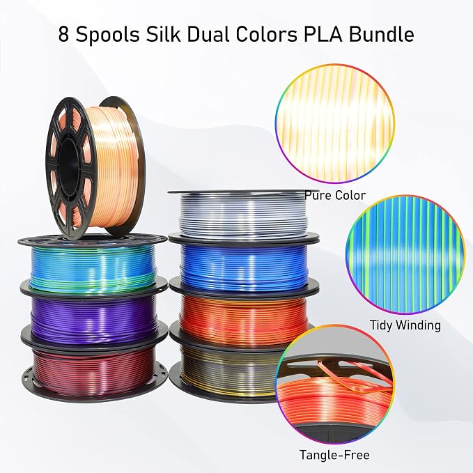 BBLIFE 8 Spools Dual Color Silk PLA 3D Printer Filament Bundle, Silk Purple Gold White Red/Black, Purple/Blue, Red/Gold, Green/Blue, Yellow/Pink, 1.75mm Bicolor Silk PLA 250gX8