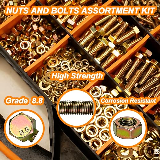 1460PCS Nuts and Bolts Assortment Kit - M4 M5 M6 M8 Grade 8.8 Bolts with Nuts & Washers - Heavy Duty Hex Head Bolts Assortment for Automotive Repair, Machinery, Furniture - Zinc Plated
