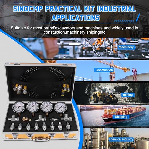 Hydraulic Pressure Gauge Test Kit, 4 Pressure Gauges, 4 Test Hoses, 10 Couplings, 3 Tee Connectors for Excavator Construction Machinery(Gold)