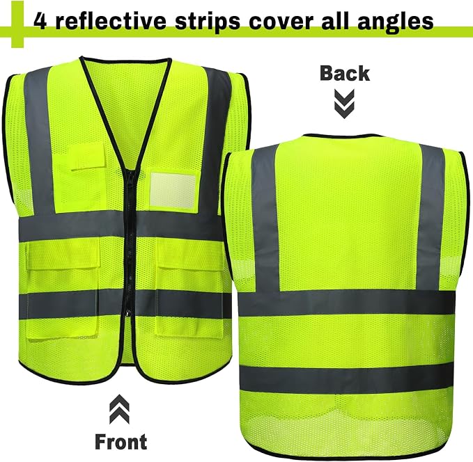 JaGely 50 Pack Reflective Safety Vests with Pockets, High Visibility Mesh Construction Vest for Men Women, Neon Yellow, Size L